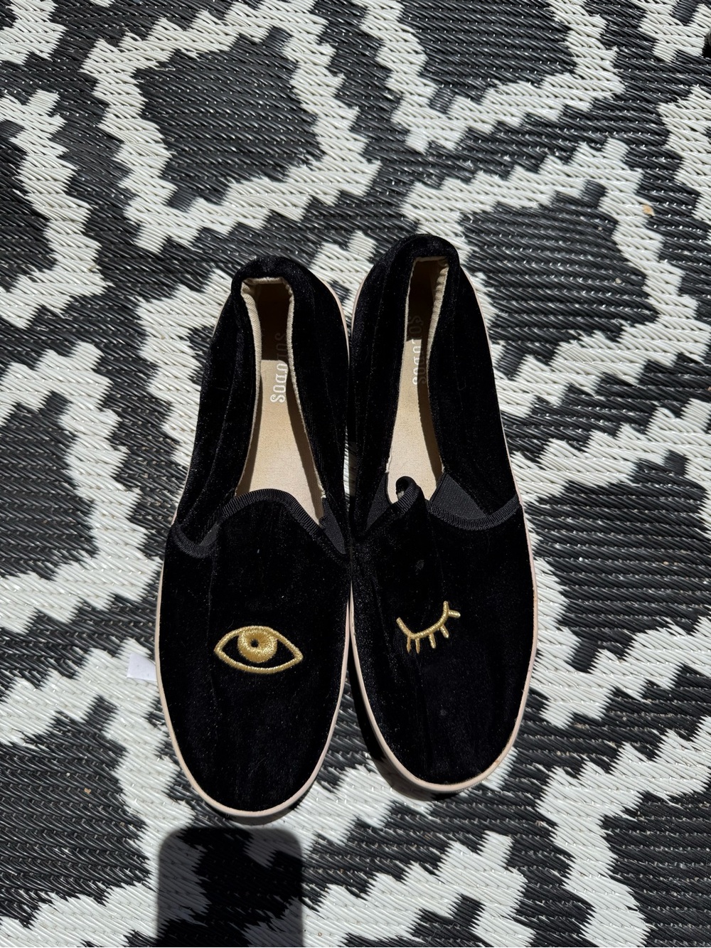 Soludos Black Velvet Slip-Ons with Gold Eye Embroidery